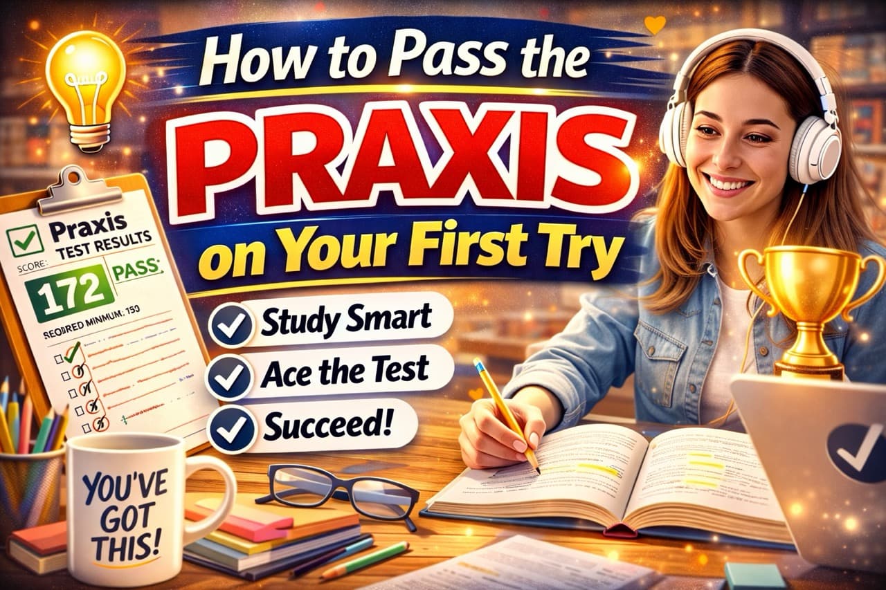 Confident teacher candidate celebrating passing the Praxis on the first attempt