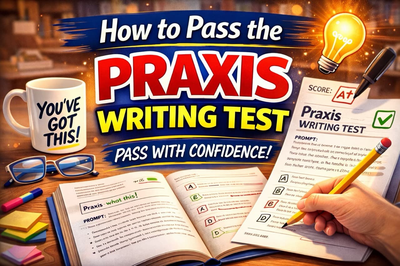 Student confidently writing an essay for the Praxis Writing test