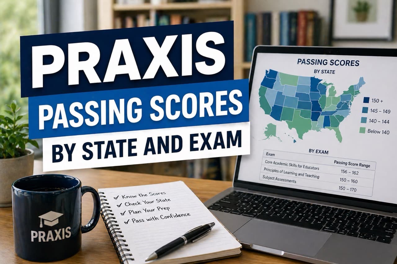 Map of the United States with Praxis passing scores by state