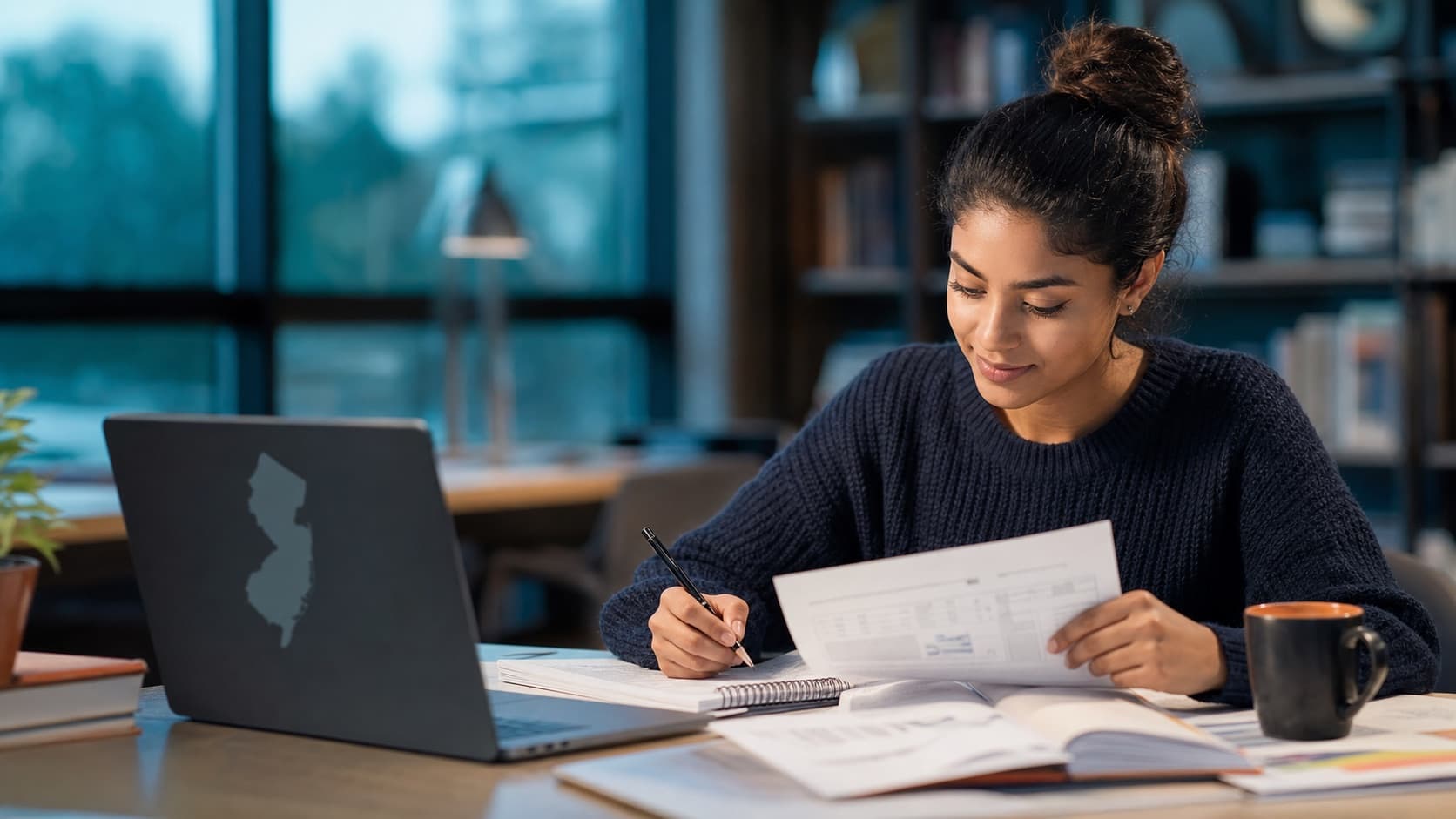 Teacher candidate reviewing Praxis New Jersey requirements beside a laptop with a New Jersey outline