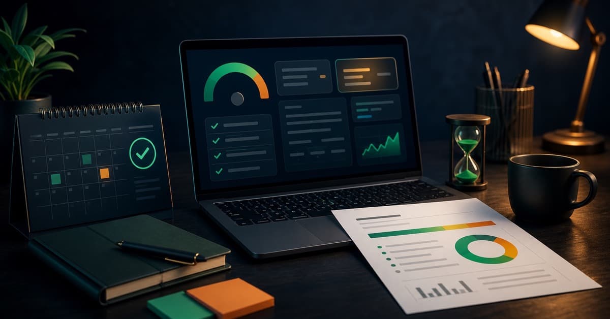 Praxis score report, calendar, and test results dashboard on a dark study desk