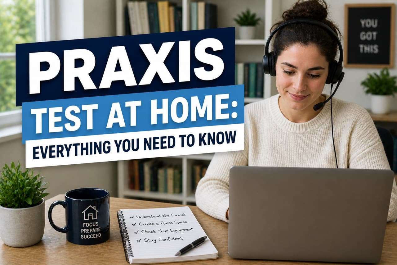 Student taking Praxis test at home on laptop at desk