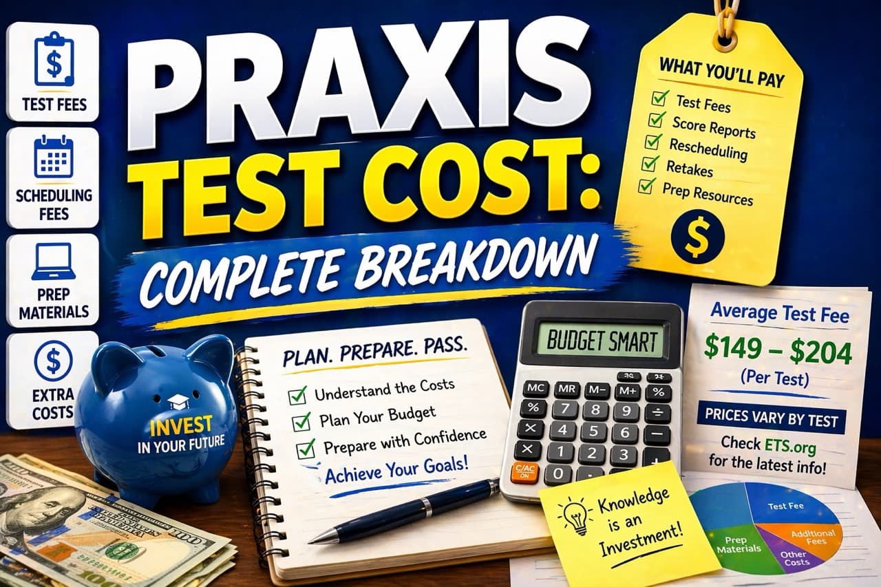 Calculator and money showing Praxis test cost breakdown