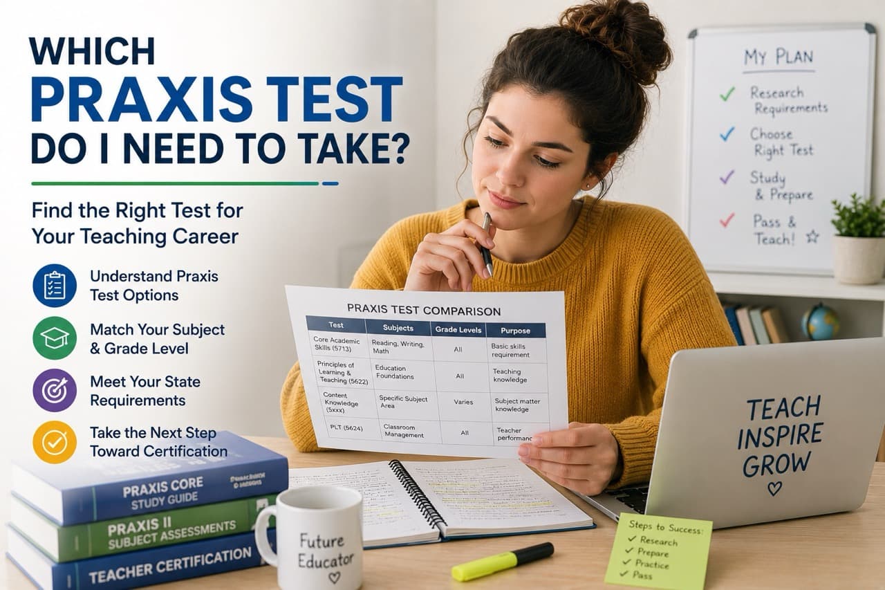 Teacher reviewing which Praxis test requirements to take for certification