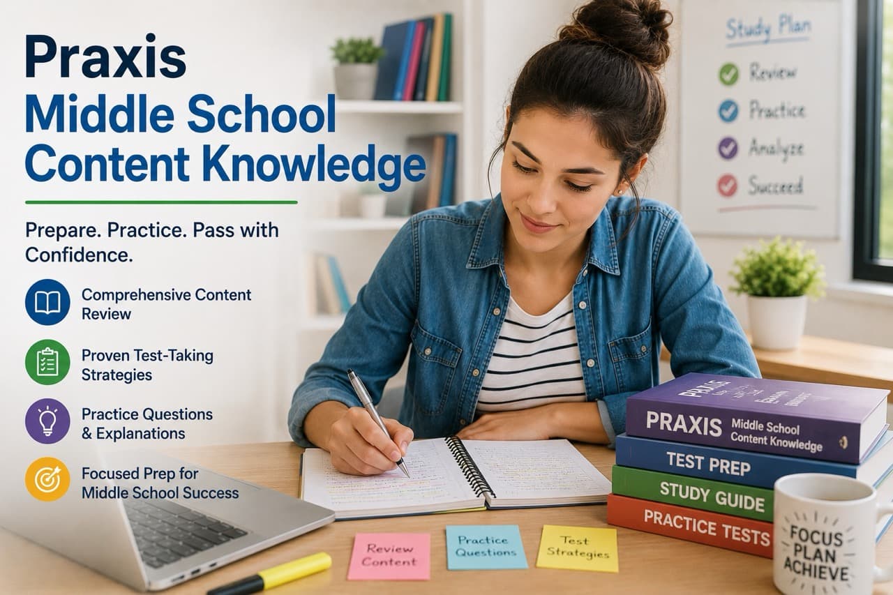 Praxis Middle School Content Knowledge 5146 exam preparation - student studying four content areas with expert tutor