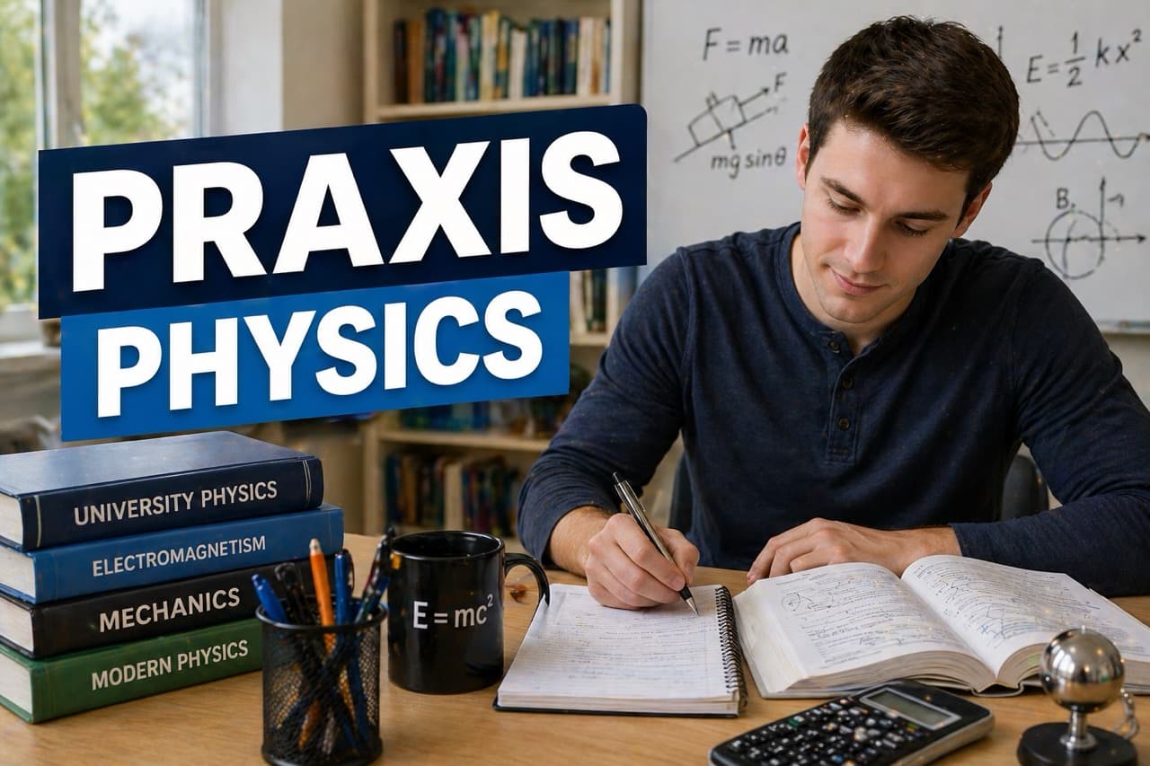 Praxis Physics 5266 exam preparation - student working through mechanics, electricity, and magnetism problems with a tutor