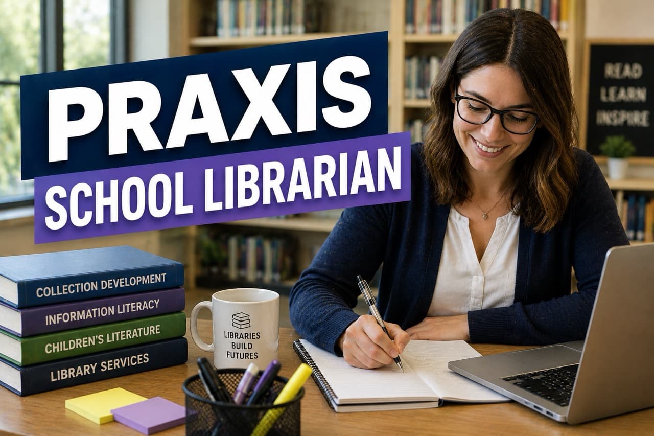 Praxis School Librarian exam preparation - school library media specialist studying for Praxis 5312 certification