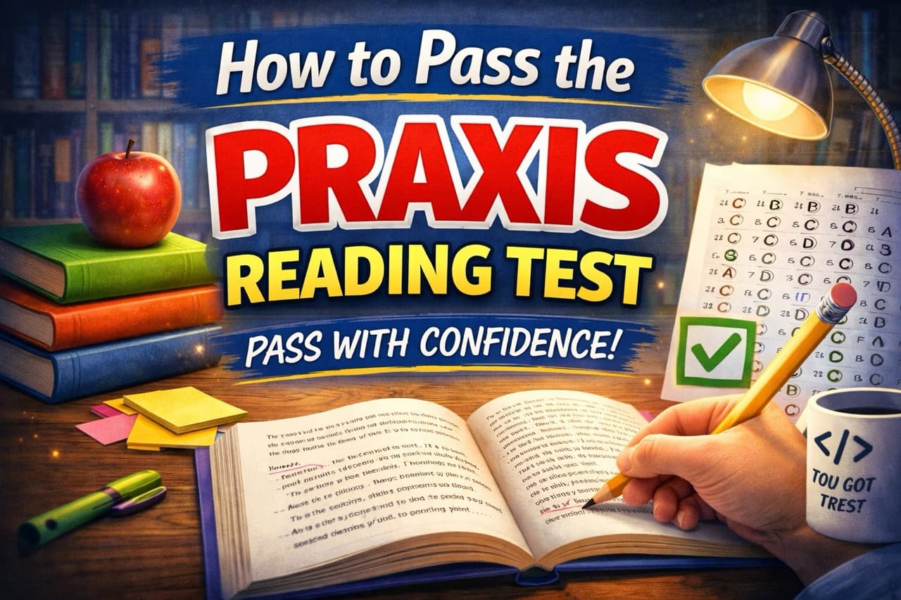 Student confidently preparing for the Praxis reading test with strategic study materials