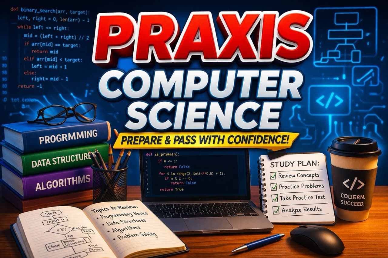Praxis Computer Science exam preparation - student studying CS concepts with strategy-focused tutoring