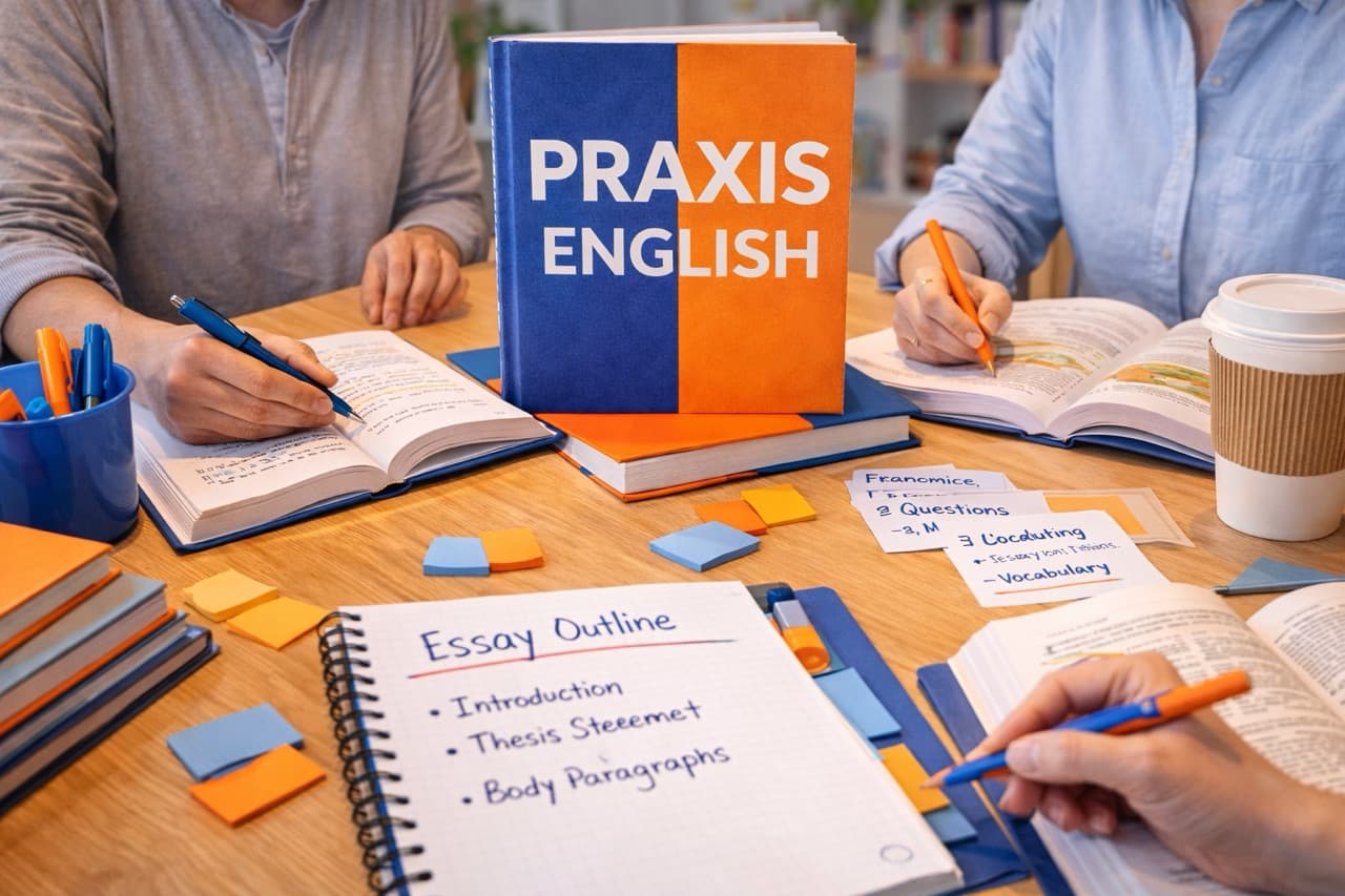 Praxis English exam preparation strategies - student studying English language arts with tutor