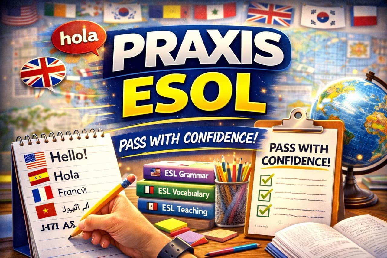 Praxis ESOL exam preparation - teacher studying for the praxis 5362 English to Speakers of Other Languages test