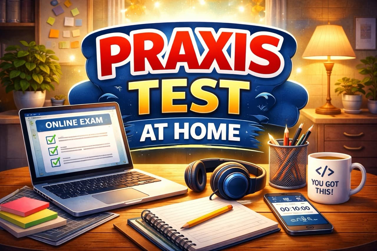 Student taking the Praxis test at home on laptop with webcam - at home praxis testing setup