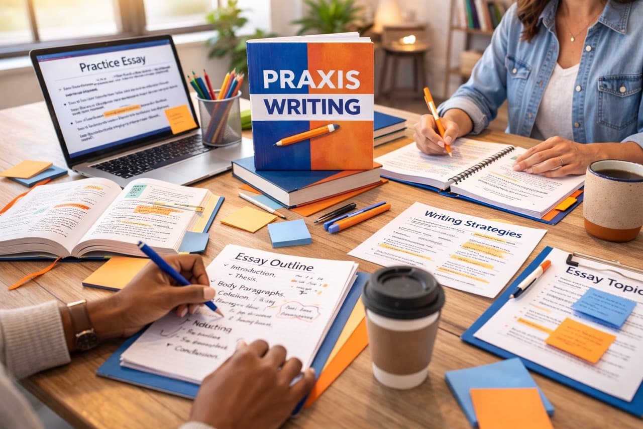 Praxis Writing exam preparation - student working on essay strategies and grammar techniques with tutor